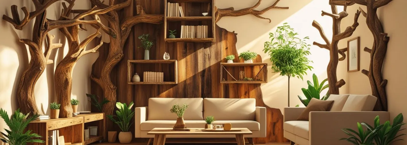 Luxzagap rustic living room with tree-inspired wooden bookshelves, natural branch wall shelves, solid wood furniture, and cozy home decor