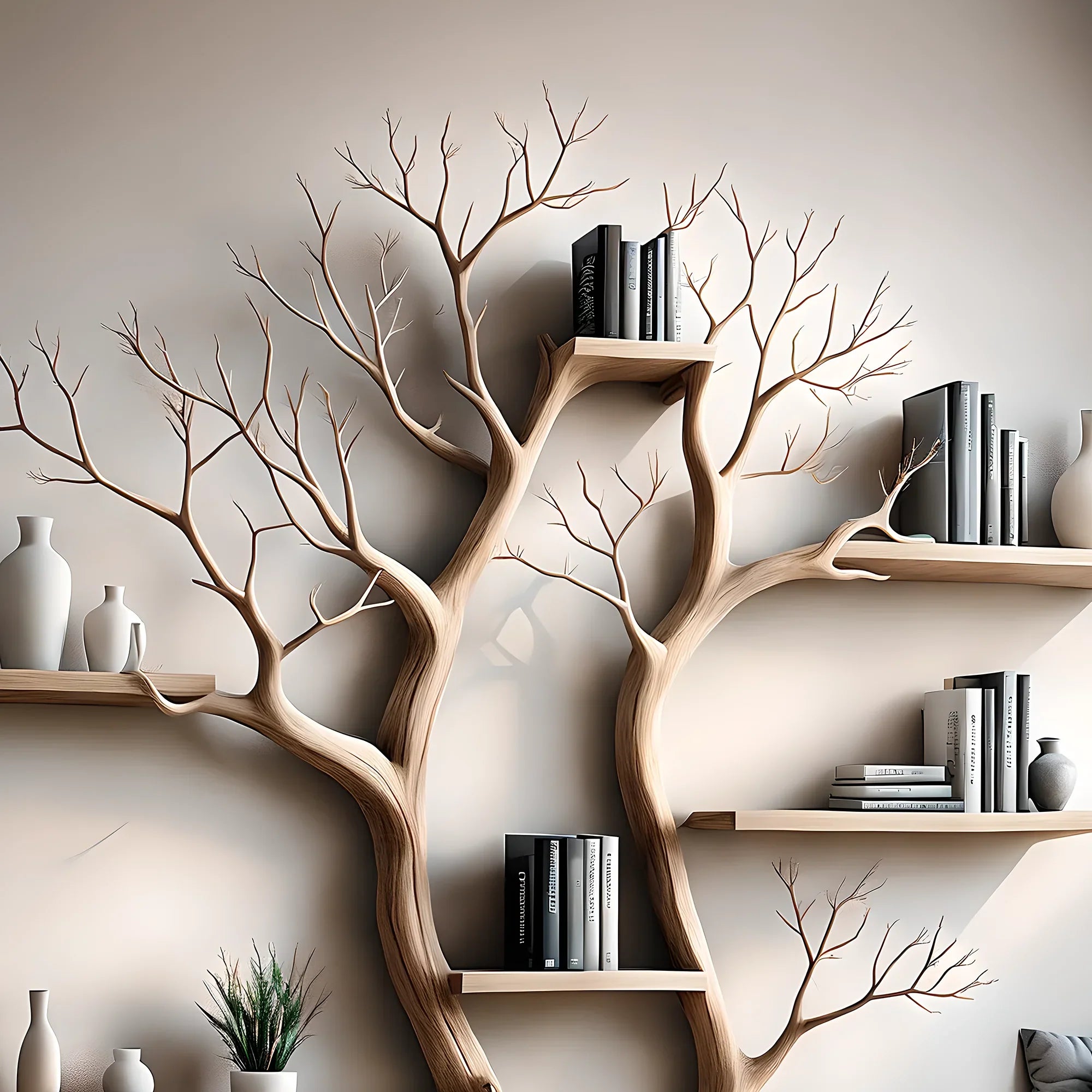 Bookshelf shaped like a tree with 2 branches, bookshelf shaped like a perennial wooden tree, living room decoration - Image 2