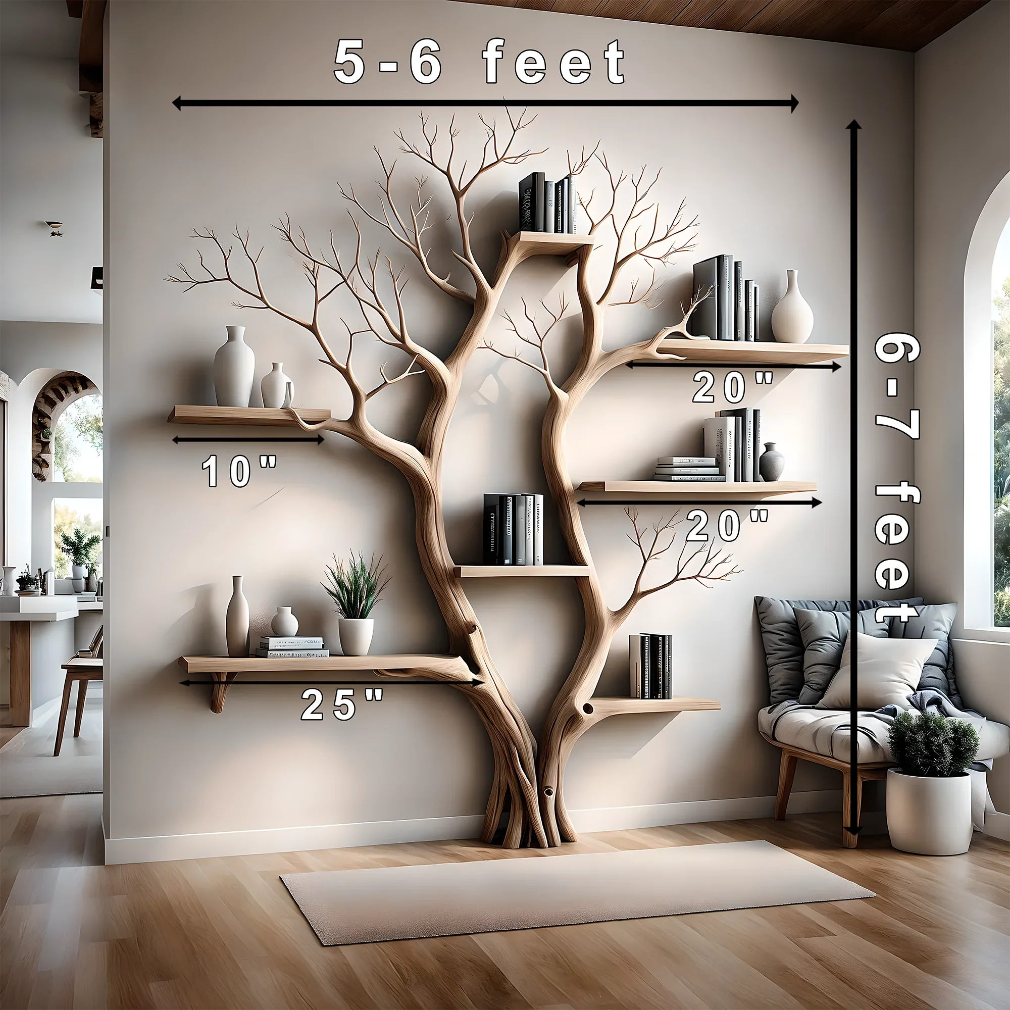 Bookshelf shaped like a tree with 2 branches, bookshelf shaped like a perennial wooden tree, living room decoration - Image 3