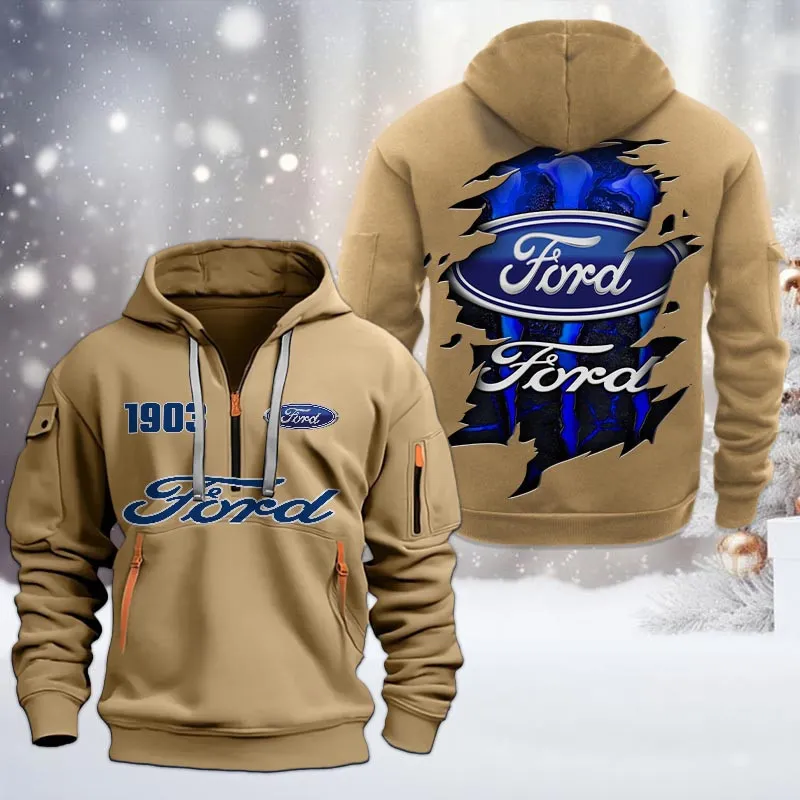 Hoodie Half Zipper Exclusive Logo Gift For Pony Car Enthusiasts CAR198 - Khaki