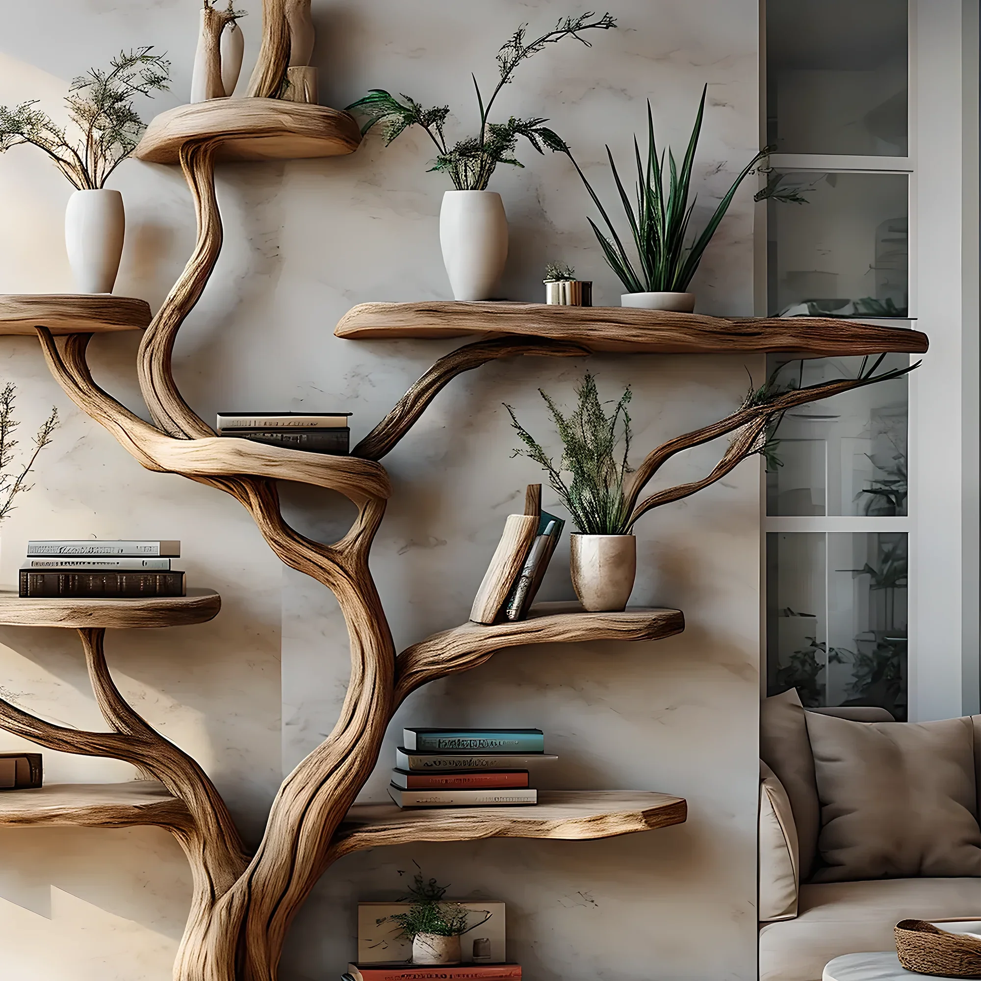 Decorative bookshelf, tree-shaped bookshelf, solid wood bookshelf, floating shelf, interior decoration - Image 2