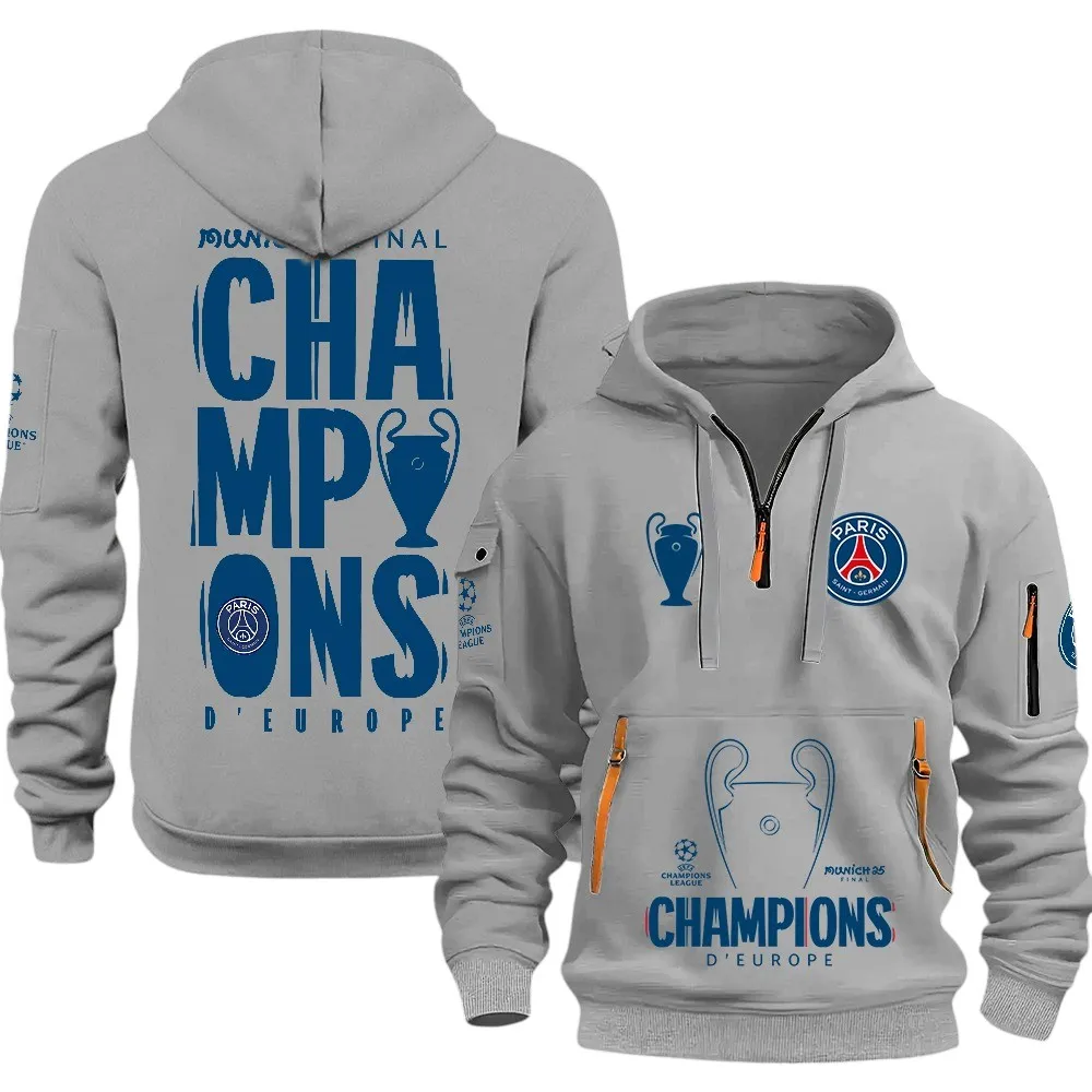 Football Hoodie Half Zipper, Design Logo Hoodie For Sport Fans PSG970 - Gray